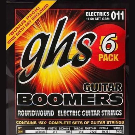 GHS Strings Guitar Boomers, Nickel-Plated Electric Guitar Strings, Medium, 6 Pack - GBM-5 - .011-.050