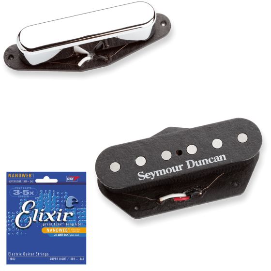 Seymour Duncan STR-2 Tele Neck Pickup and STL-2 Black Tele Bridge Pickup SET with Free Elixir Super Light Guitar Strings
