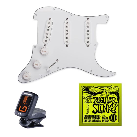 Seymour Duncan California 50's Pre-loaded Vintage Staggered Strat Pickguard Set, White with Free Ernie Ball EB2221 Regular Slinky Strings and Tuner