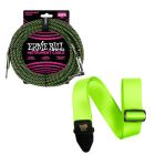Ernie Ball 25ft Straight / Angle Braided Black & Green Instrument Cable w/ Neon Green Strap