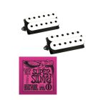 DiMarzio Evolution DP158FW (F-Spaced) and Evolution Bridge DP159FW (F-Spaced) Humbucker Set, White, with Ernie Ball EB2223 Super Slinky Strings