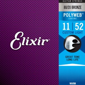 ELIXIR Acoustic Guitar Strings 80/20 Bronze Custom Light (11-52) POLYWEB Coating-0