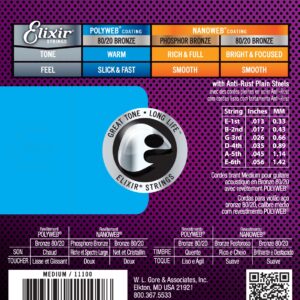 ELIXIR Acoustic Guitar Strings 80/20 Bronze Medium (13-56) POLYWEB Coating-76443