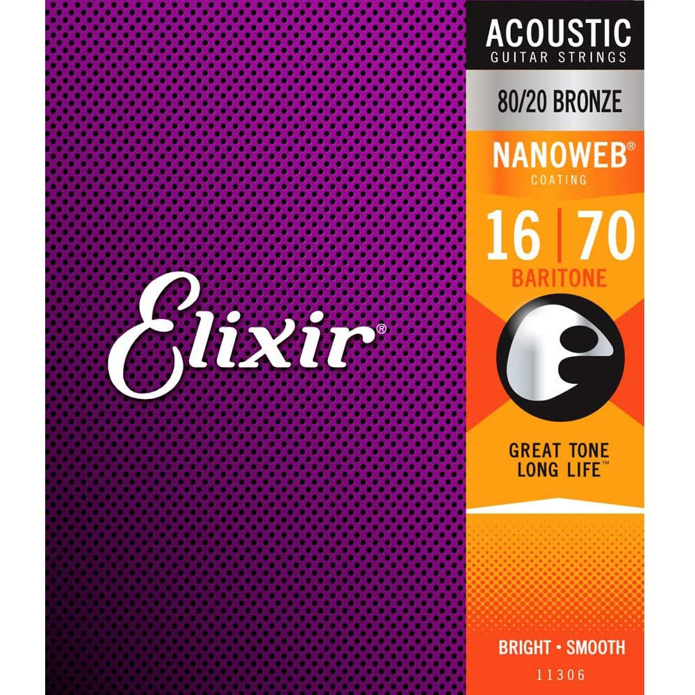 Elixir 11306 Nanoweb Coated 80/20 Bronze Acoustic Baritone Guitar Strings 16-70-0
