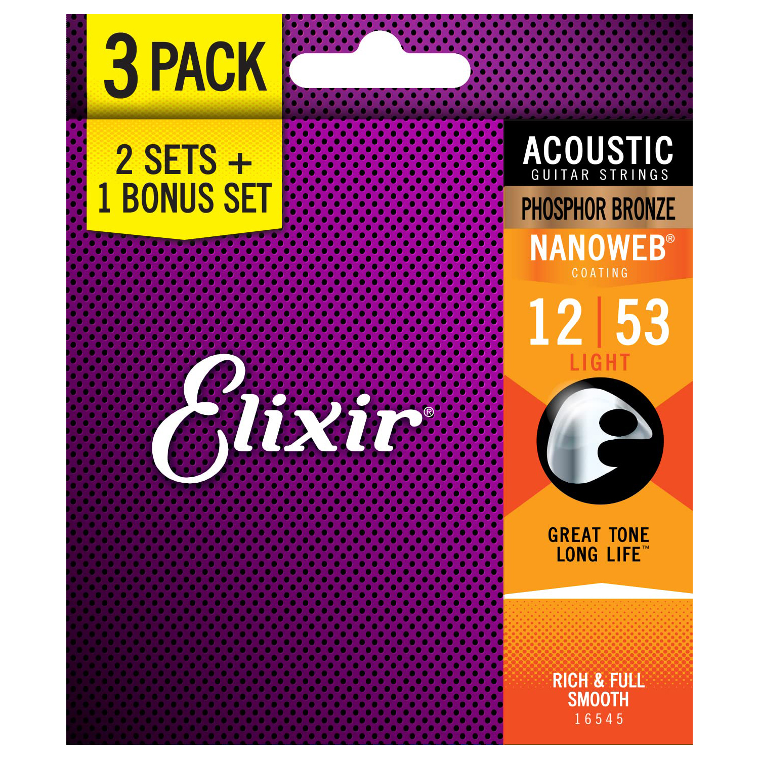Elixir 16545 Nanoweb Coated Phosphor Bronze Acoustic Lt 12-53 3-PACK-0